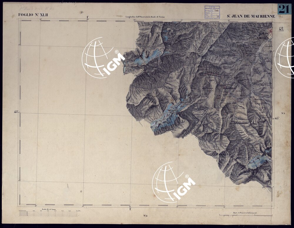 CARTA TOPOGRAFICA DEGLI STATI IN TERRAFERMA DI S.M. IL RE DI SARDEGNA ALLA SCALA DI 1 A 50.000 OPERA DEL CORPO REALE DELLO STATO MAGGIORE - FOGLIO N°XLII S. JEAN DE MAURIENNE