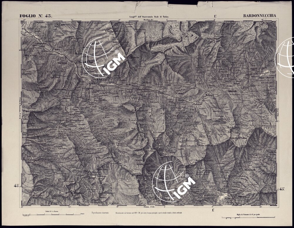 CARTA TOPOGRAFICA DEGLI STATI IN TERRAFERMA DI S.M. IL RE DI SARDEGNA ALLA SCALA DI 1 A 50.000 OPERA DEL CORPO REALE DELLO STATO MAGGIORE - FOGLIO N°43 - BARDONECCHIA RISTAMPA
