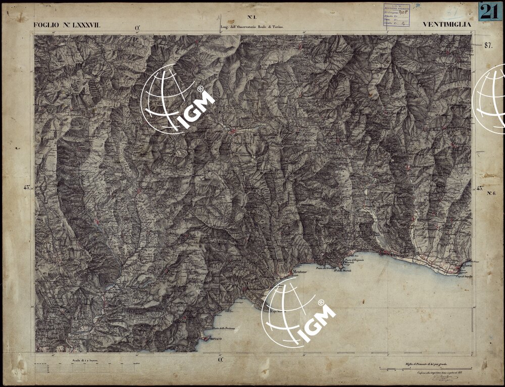 CARTA TOPOGRAFICA DEGLI STATI IN TERRAFERMA DI S.M. IL RE DI SARDEGNA ALLA SCALA DI 1 A 50.000 OPERA DEL CORPO REALE DELLO STATO MAGGIORE - FOGLIO N°LXXXVII VENTIMIGLIA