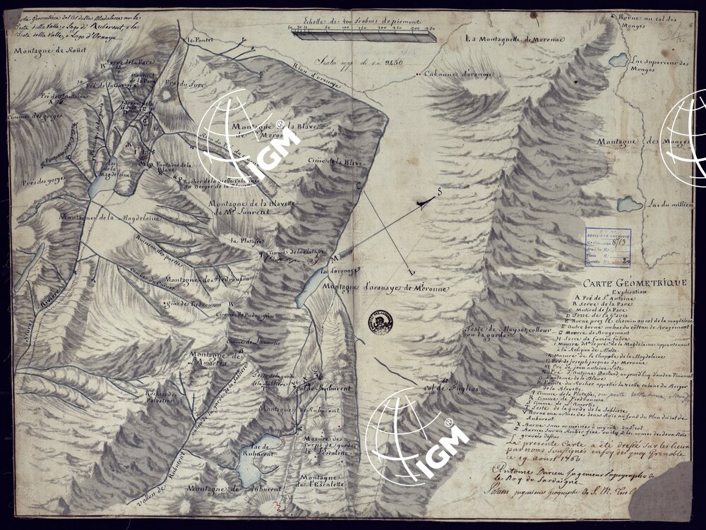 CARTA GEOMETRICA DEL COL DELLA MADDALENA CON LA TESTA DELLA VALLE, E LAGO DI RUBURENT, E LA TESTA DELLA VALLE, E LAGO D'ORNAYE.