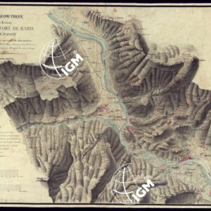PLAN GEOMETRIQUE DES ENVIRONS DE L'ANCIEN FORT DE BARD DUCHE' D'AOSTA. LEVE SUR UN RAYON DE 2.600 METRES A'L'EHCELLE DE 1:1.000 PAR M. BASSO DESSINATEUR A'L'ETAT MAJOR GENERAL DE L'ARMEE SOUS L'INSPECTION DE MONSIEUR LE CAPITAINE PELLEGRINI DU MEME CORPS.
