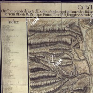 CARTA TOPOGRAFICA CHE COMPRENDE IL FORTE D'EXILLES, E SUO BORGO, UNITAMENTE A VILLAGGI E BORGATE DI C.CELS, DENIS, S. COLOMBANO, FABBRICHE, TERRENI MONTI, VALLI, RIPE, FIUMI,TORRENTI, ROGGIE, E STRADE