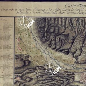 CARTA TOPOGRAFICA CHE COMPRENDE I FORTI DELLA BRUNETTA E DI SANTA MARIA, LA CITTA' DI SUSA UNITAMENTE AI VILLAGGI, E BORGATE DI MONPANTERO, VENAUX, GIAGLIONE, GRAVERE, MEANANA, FABBRICHE, E TERRENI, MONTI, VALLI, RIPE, FIUMI, TORRENTI
, ROGGLIE, STRADE.