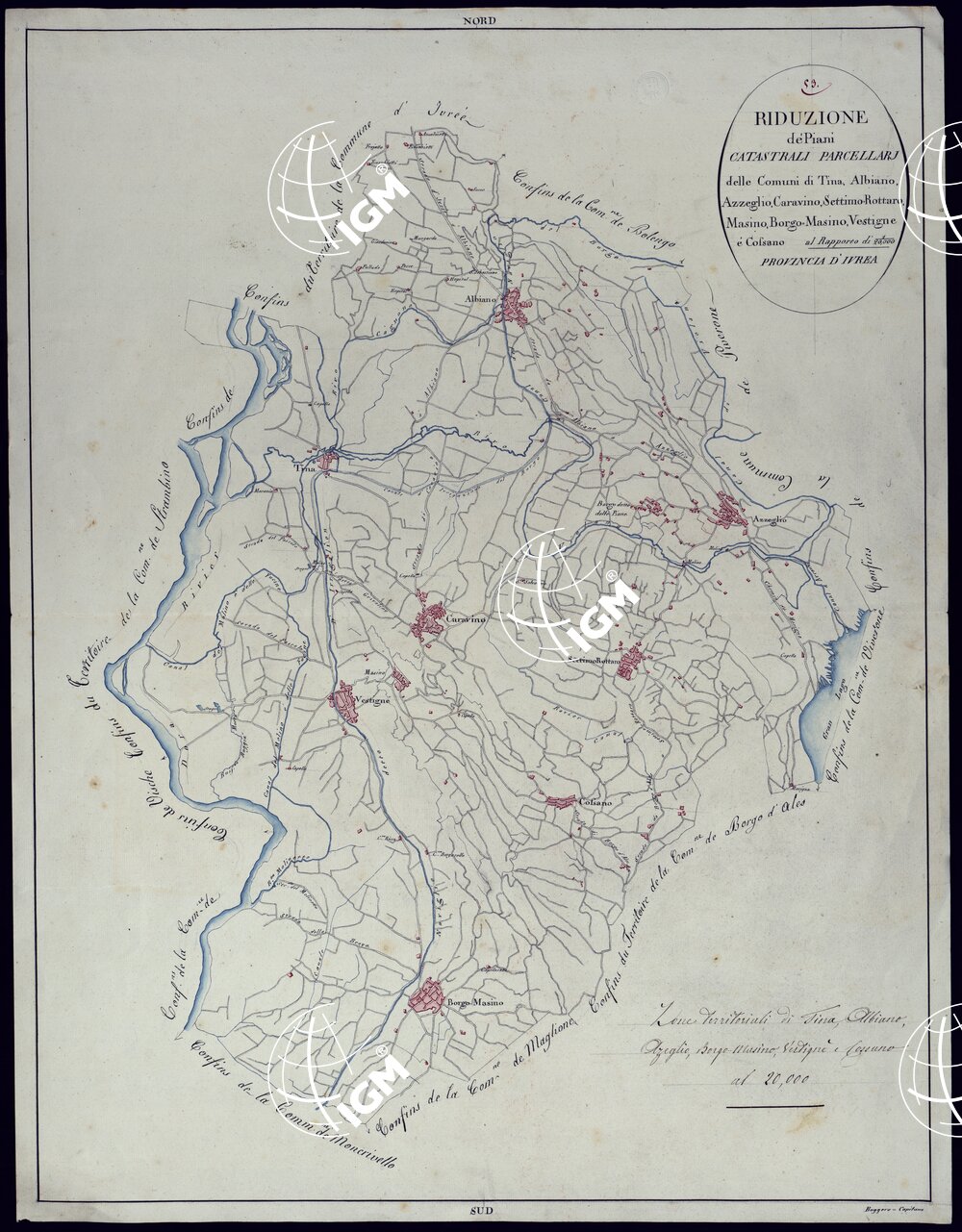 TERRITORIO COMPRESO TRA RACCONIGI, MORETTA, SAVIGLIANO, ALESSANDRIA ED IVREA - RIDUZIONE DEI PIANI CATASTALI PARCELLARI DEI COMUNI DI TINA, ALBANO, AZZEGLIO, CARAVINO, SETTIMO-ROTTARO, MASINO, BORGO-MASINO, VESTIGNE E COSSANO - PROVINCIA D'IVREA.