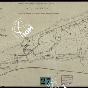 PROGETTO D'UNA FABBRICA DELLE POLVERI PRESSO FOSSANO PIANO GENERALE SCALA DI 1 A 4.000. IL PIANO DI PARAGONE E' A 30 METRI AL DISSOPRA DELLA SOGLIA DELL'URBANETTO.