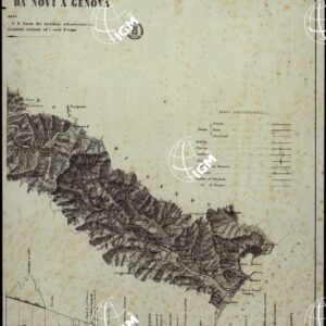 STRADA FERRATA DA GENOVA A TORINO PIANO DELLA LINEA DA NOVI A GENOVA INDICANTE 1°IL NUMERO, 2° LE STAZIONI E FERMATE 3° IL LIMITI DEI TERRERRITO ATTRAVERSATI 4° IL MODO IN CUI SI ATTRAVERSANO LE COMUNICAZIONI ESISTENTI ED I CORSI D'ACQUA.