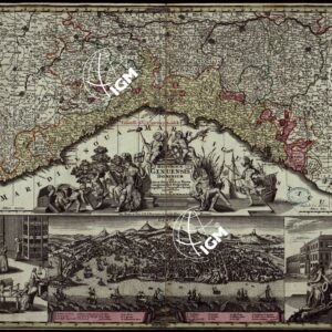 REPUBLICAE GENUENSIS DOMINIUM CUM INCLYTA ISTIUS URBIS ET PORTUS INSIGNIORIBUS PROSPECTIBUS GEOGRAPHICA ET TOPOGRAPHICA SYNOPSI REPRASENTATUM PER MATTH. L. SEUTTER S. C. M. GEOGR. AUG.