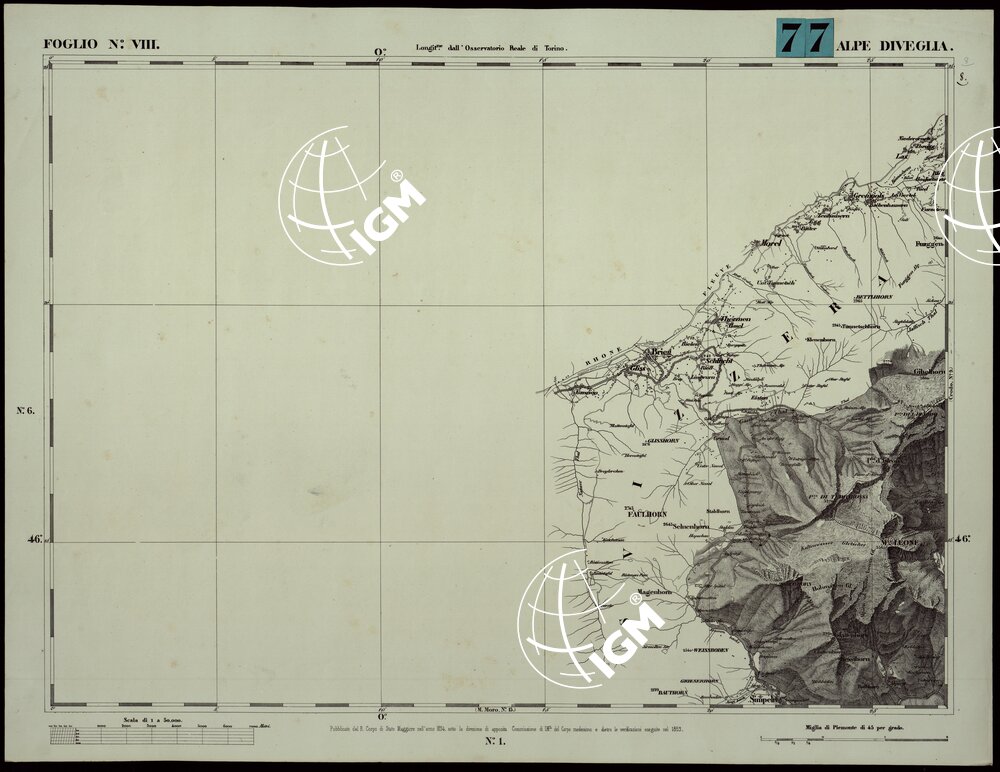 CARTA TOPOGRAFICA DEGLI STATI IN TERRAFERMA DI S.M. IL RE DI SARDEGNA ALLA SCALA DI 1A 50.000. OPERA DEL CORPO REALE DELLO STATO MAGGIORE - FOGLIO N.°VIII ALPE DIVEGLIA