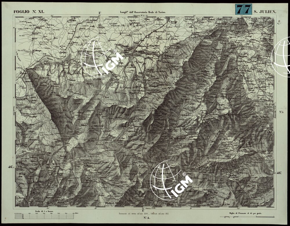 CARTA TOPOGRAFICA DEGLI STATI IN TERRAFERMA DI S.M. IL RE DI SARDEGNA ALLA SCALA DI 1A 50.000. OPERA DEL CORPO REALE DELLO STATO MAGGIORE - FOGLIO N.°XI S. JULIEN