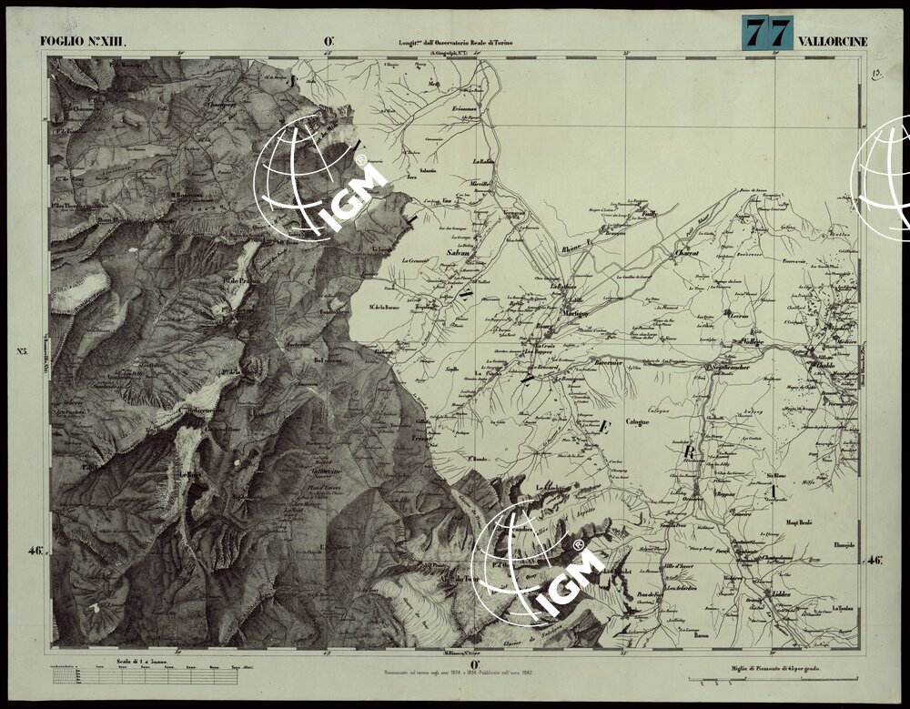 CARTA TOPOGRAFICA DEGLI STATI IN TERRAFERMA DI S.M. IL RE DI SARDEGNA ALLA SCALA DI 1A 50.000. OPERA DEL CORPO REALE DELLO STATO MAGGIORE - FOGLIO N.°XIII VALLORCINE