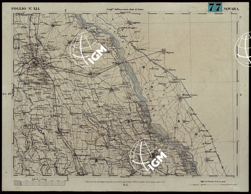 CARTA TOPOGRAFICA DEGLI STATI IN TERRAFERMA DI S.M. IL RE DI SARDEGNA ALLA SCALA DI 1A 50.000. OPERA DEL CORPO REALE DELLO STATO MAGGIORE - FOGLIO N.°XLI NOVARA
