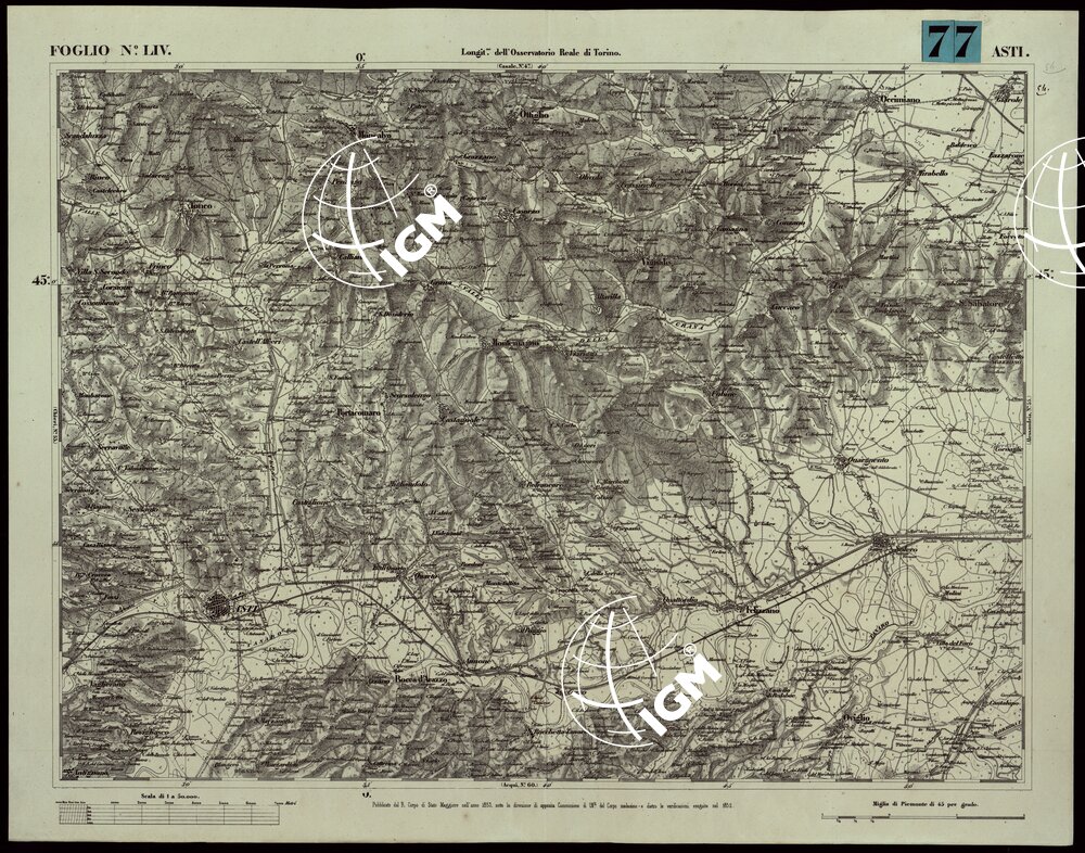 CARTA TOPOGRAFICA DEGLI STATI IN TERRAFERMA DI S.M. IL RE DI SARDEGNA ALLA SCALA DI 1A 50.000. OPERA DEL CORPO REALE DELLO STATO MAGGIORE - FOGLIO N.°LIV ASTI