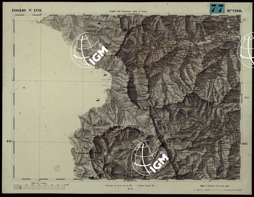 CARTA TOPOGRAFICA DEGLI STATI IN TERRAFERMA DI S.M. IL RE DI SARDEGNA ALLA SCALA DI 1A 50.000. OPERA DEL CORPO REALE DELLO STATO MAGGIORE - FOGLIO N.°LVII MONTE VISO