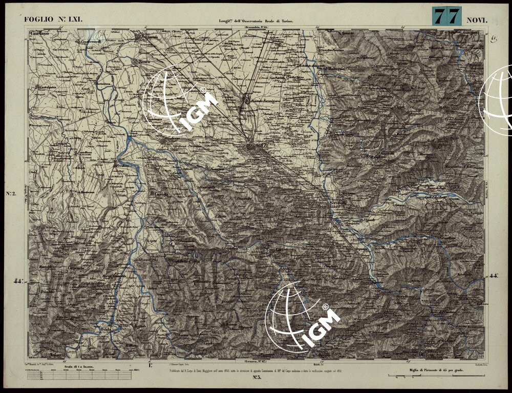CARTA TOPOGRAFICA DEGLI STATI IN TERRAFERMA DI S.M. IL RE DI SARDEGNA ALLA SCALA DI 1A 50.000. OPERA DEL CORPO REALE DELLO STATO MAGGIORE - FOGLIO N.°LXI NOVI