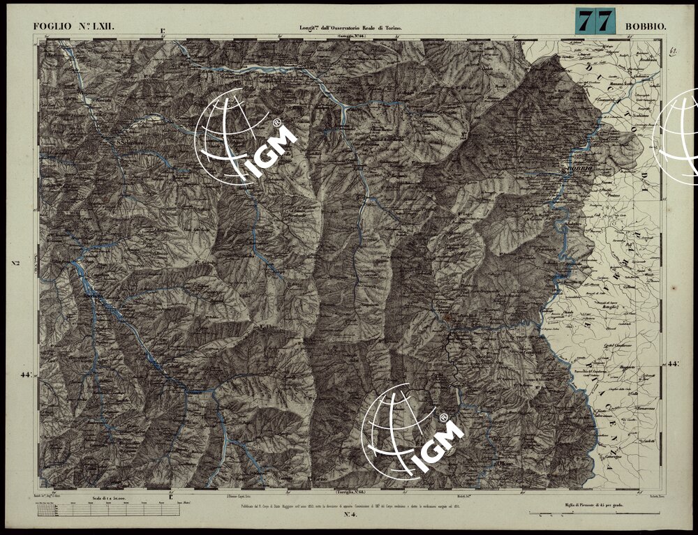 CARTA TOPOGRAFICA DEGLI STATI IN TERRAFERMA DI S.M. IL RE DI SARDEGNA ALLA SCALA DI 1A 50.000. OPERA DEL CORPO REALE DELLO STATO MAGGIORE - FOGLIO N.°LXII BOBBIO