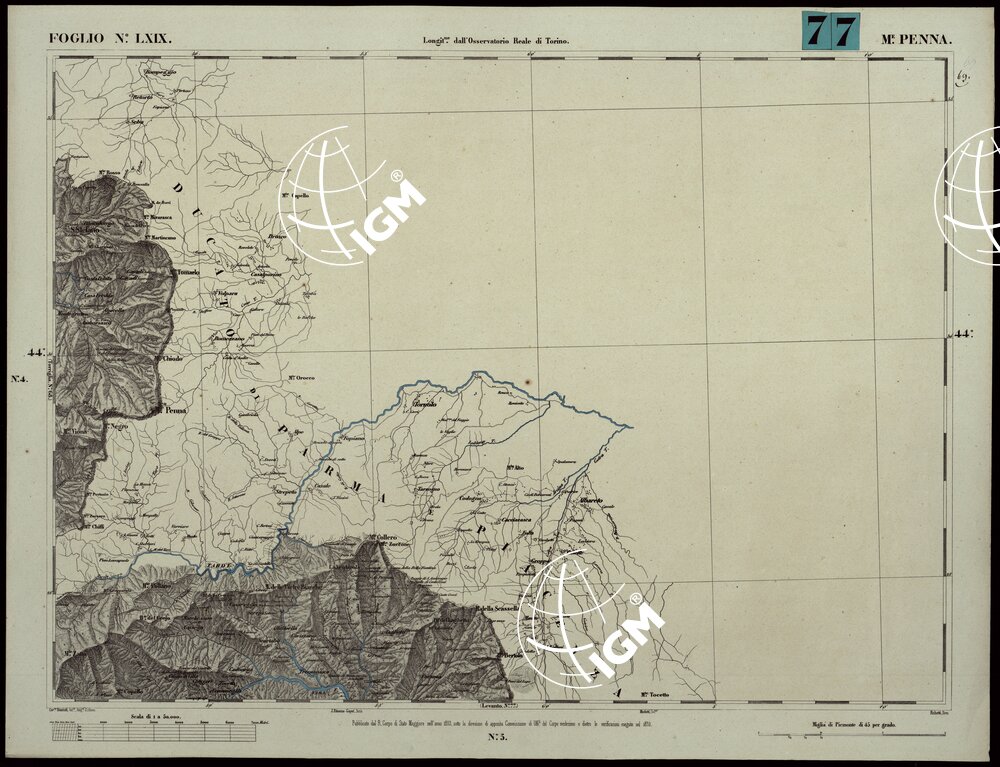 CARTA TOPOGRAFICA DEGLI STATI IN TERRAFERMA DI S.M. IL RE DI SARDEGNA ALLA SCALA DI 1A 50.000. OPERA DEL CORPO REALE DELLO STATO MAGGIORE - FOGLIO N.°LXIX MONTE PENNA