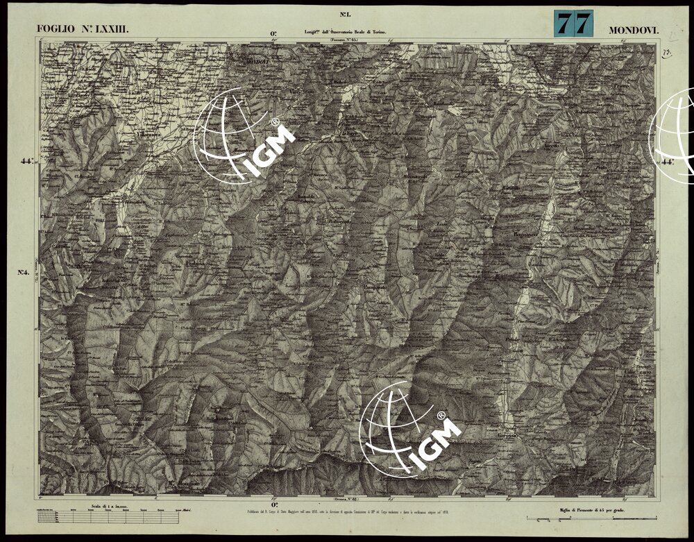 CARTA TOPOGRAFICA DEGLI STATI IN TERRAFERMA DI S.M. IL RE DI SARDEGNA ALLA SCALA DI 1A 50.000. OPERA DEL CORPO REALE DELLO STATO MAGGIORE - FOGLIO N.°LXXIII MONDOVI