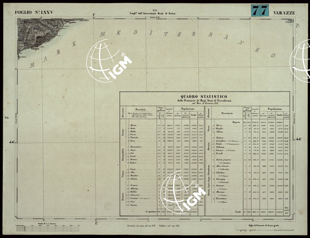 CARTA TOPOGRAFICA DEGLI STATI IN TERRAFERMA DI S.M. IL RE DI SARDEGNA ALLA SCALA DI 1A 50.000. OPERA DEL CORPO REALE DELLO STATO MAGGIORE - FOGLIO N.°LXXV VARAZZE