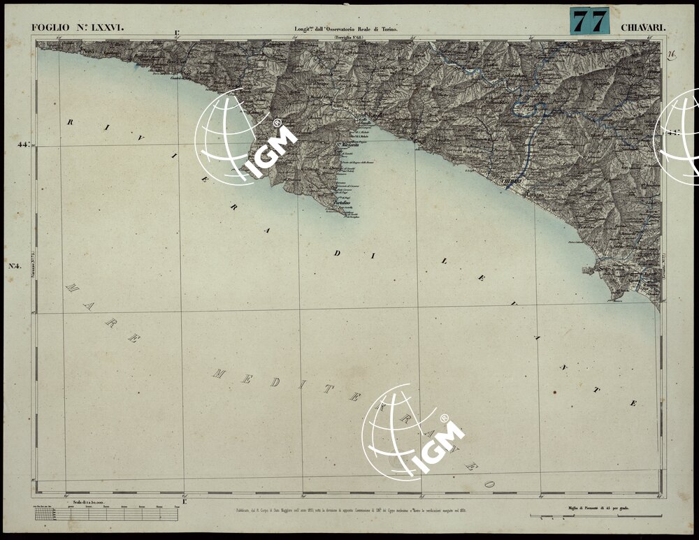 CARTA TOPOGRAFICA DEGLI STATI IN TERRAFERMA DI S.M. IL RE DI SARDEGNA ALLA SCALA DI 1A 50.000. OPERA DEL CORPO REALE DELLO STATO MAGGIORE - FOGLIO N.°LXXVI CHIAVARI