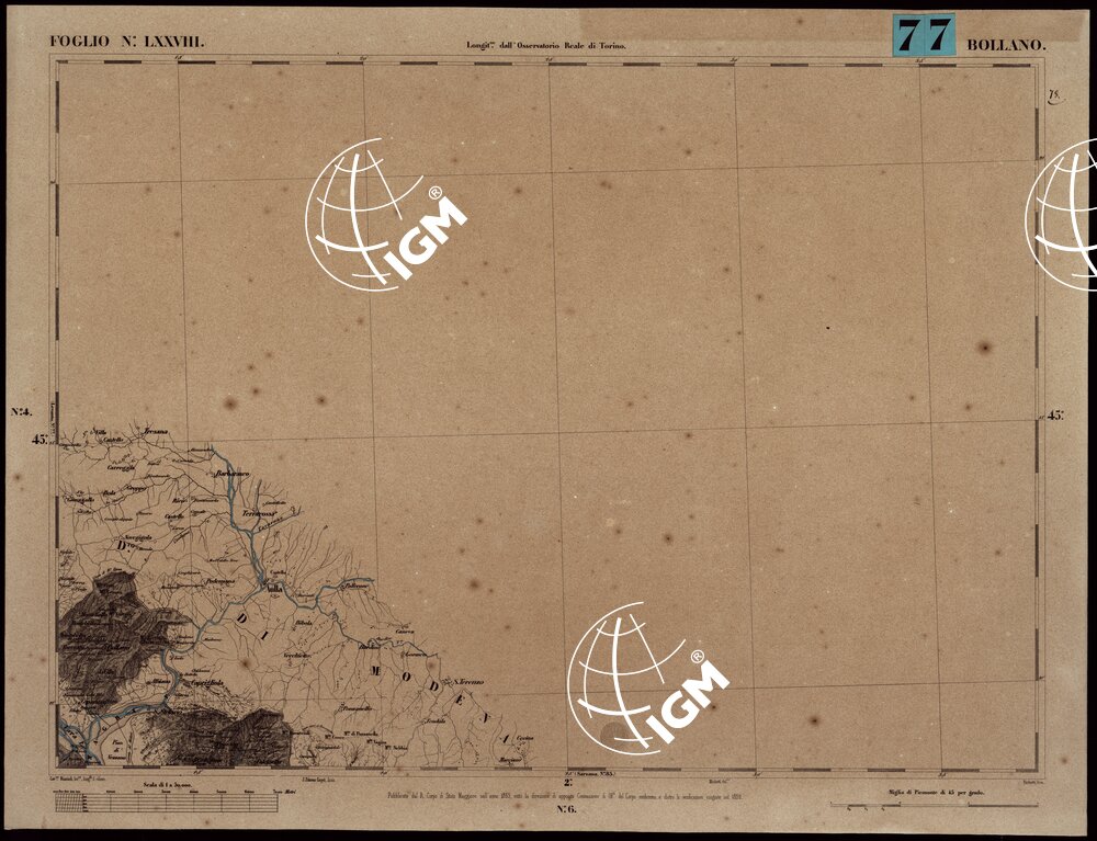 CARTA TOPOGRAFICA DEGLI STATI IN TERRAFERMA DI S.M. IL RE DI SARDEGNA ALLA SCALA DI 1A 50.000. OPERA DEL CORPO REALE DELLO STATO MAGGIORE - FOGLIO N.°LXXXVIII BOLLANO
