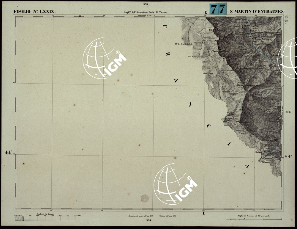 CARTA TOPOGRAFICA DEGLI STATI IN TERRAFERMA DI S.M. IL RE DI SARDEGNA ALLA SCALA DI 1A 50.000. OPERA DEL CORPO REALE DELLO STATO MAGGIORE - FOGLIO N.°LXXIX SAN MARTIN D'ENTRAUNES
