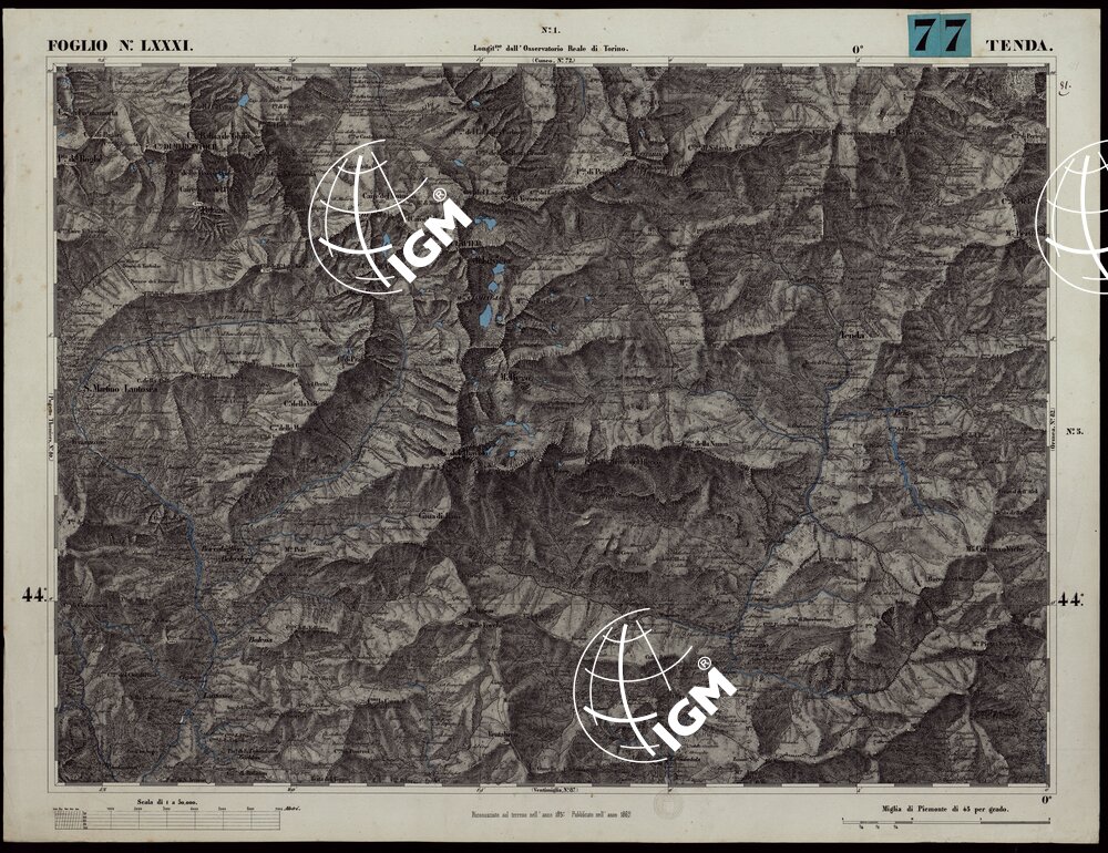 CARTA TOPOGRAFICA DEGLI STATI IN TERRAFERMA DI S.M. IL RE DI SARDEGNA ALLA SCALA DI 1A 50.000. OPERA DEL CORPO REALE DELLO STATO MAGGIORE - FOGLIO N.°LXXXI TENDA