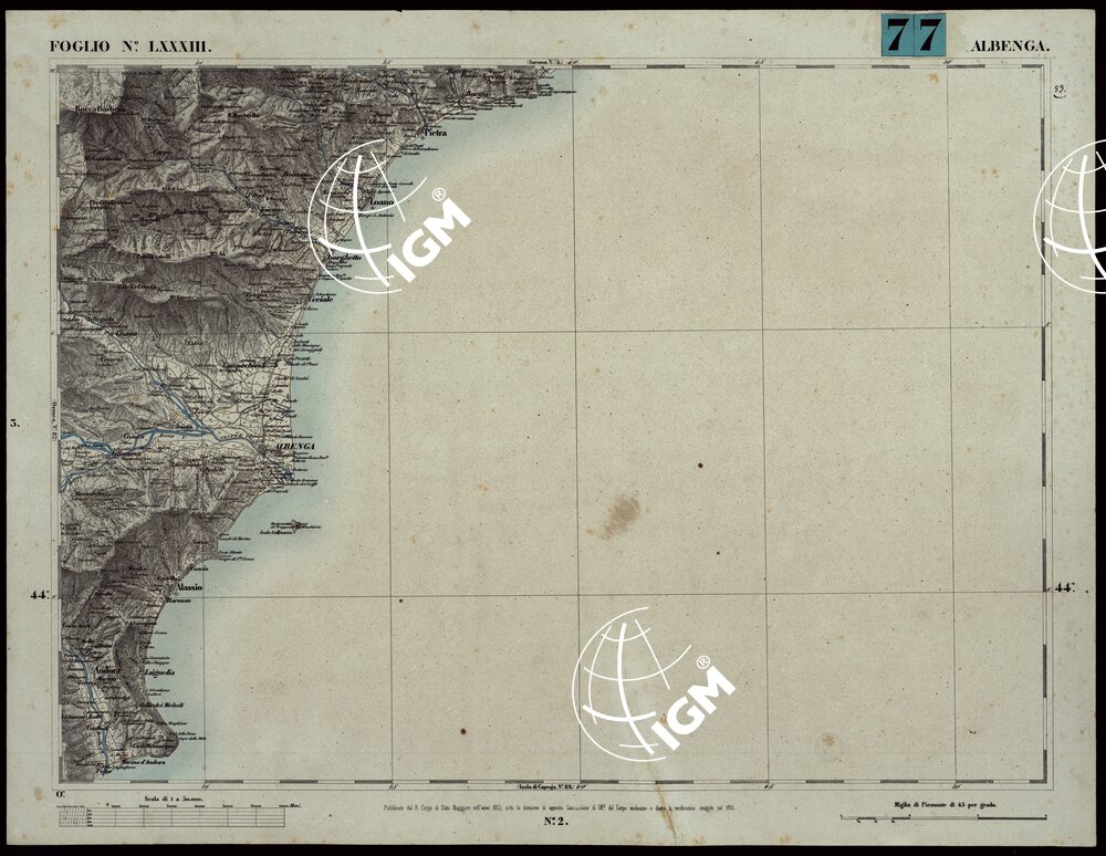 CARTA TOPOGRAFICA DEGLI STATI IN TERRAFERMA DI S.M. IL RE DI SARDEGNA ALLA SCALA DI 1A 50.000. OPERA DEL CORPO REALE DELLO STATO MAGGIORE - FOGLIO N.°LXXXIII ALBENGA