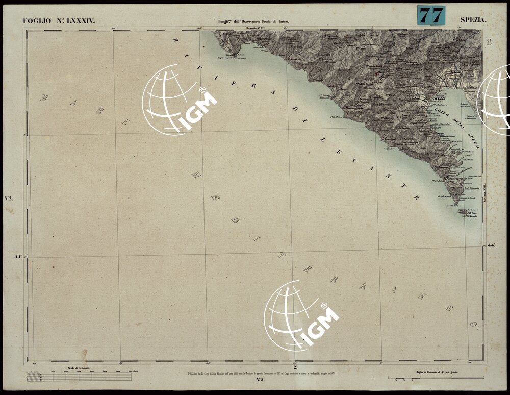 CARTA TOPOGRAFICA DEGLI STATI IN TERRAFERMA DI S.M. IL RE DI SARDEGNA ALLA SCALA DI 1A 50.000. OPERA DEL CORPO REALE DELLO STATO MAGGIORE - FOGLIO N.°LXXXIV SPEZIA