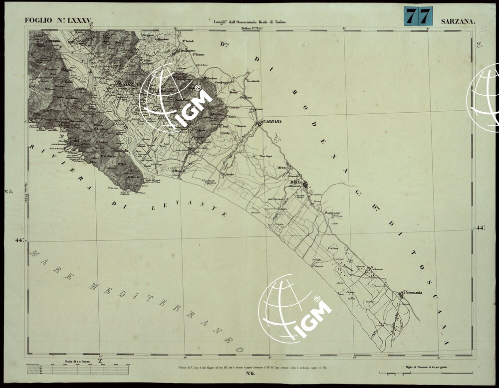 CARTA TOPOGRAFICA DEGLI STATI IN TERRAFERMA DI S.M. IL RE DI SARDEGNA ALLA SCALA DI 1A 50.000. OPERA DEL CORPO REALE DELLO STATO MAGGIORE - FOGLIO N.°LXXXV SARZANA