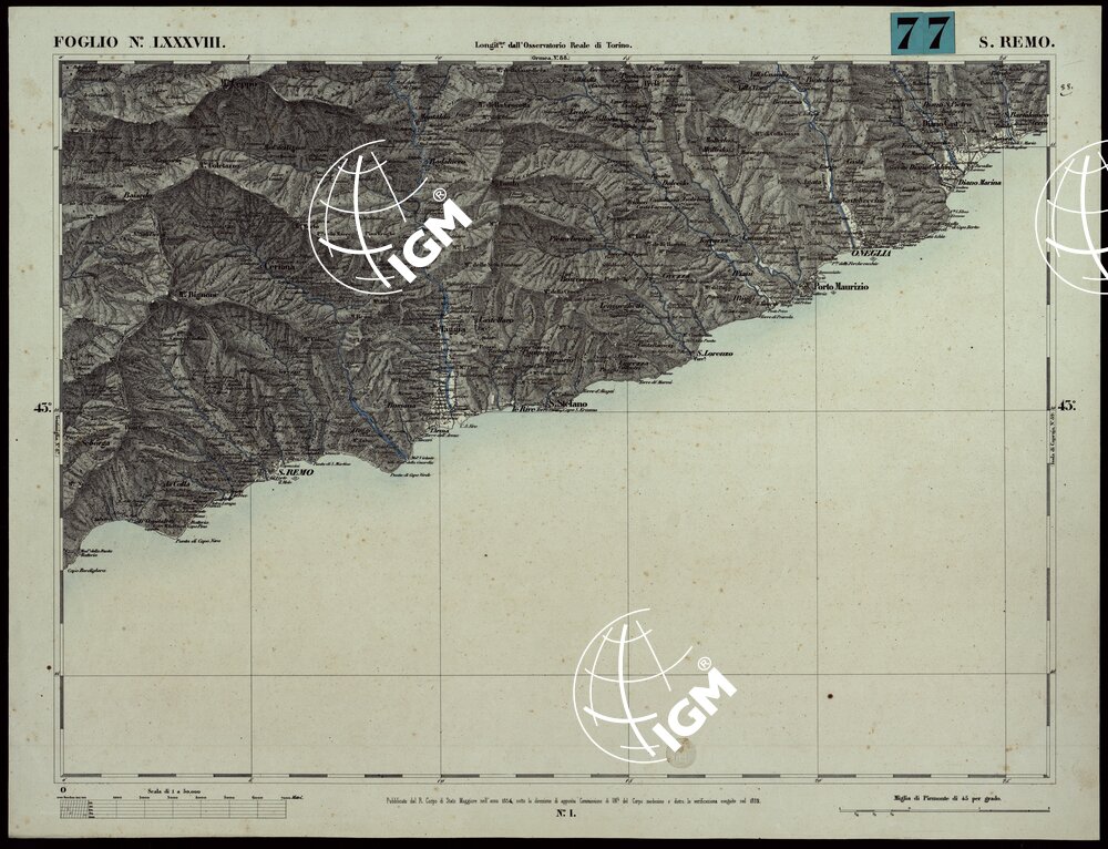 CARTA TOPOGRAFICA DEGLI STATI IN TERRAFERMA DI S.M. IL RE DI SARDEGNA ALLA SCALA DI 1A 50.000. OPERA DEL CORPO REALE DELLO STATO MAGGIORE - FOGLIO N.°LXXXVIII SAN REMO