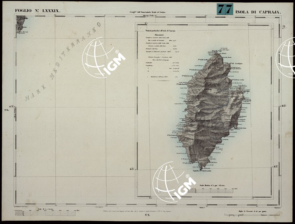 CARTA TOPOGRAFICA DEGLI STATI IN TERRAFERMA DI S.M. IL RE DI SARDEGNA ALLA SCALA DI 1A 50.000. OPERA DEL CORPO REALE DELLO STATO MAGGIORE - FOGLIO N.°LXXXIX ISOLA DI CAPRAJA
