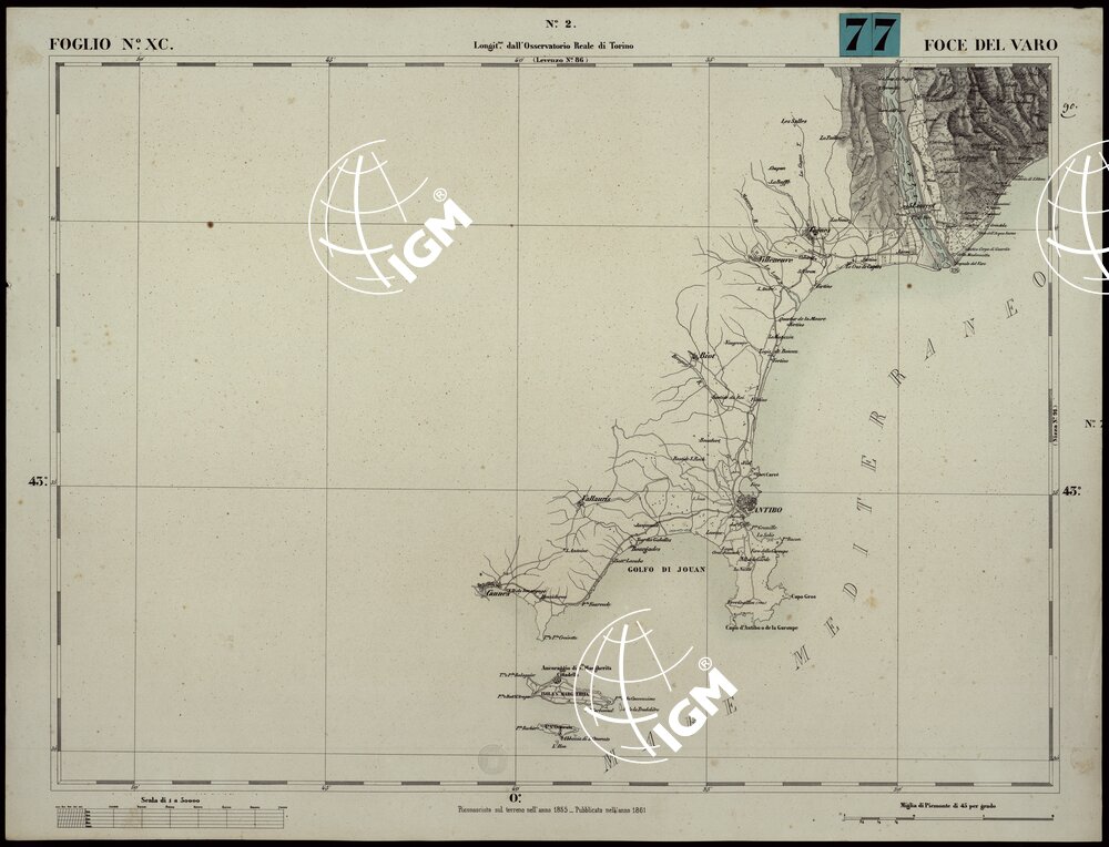 CARTA TOPOGRAFICA DEGLI STATI IN TERRAFERMA DI S.M. IL RE DI SARDEGNA ALLA SCALA DI 1A 50.000. OPERA DEL CORPO REALE DELLO STATO MAGGIORE - FOGLIO N.°XC FOCE DEL VARO