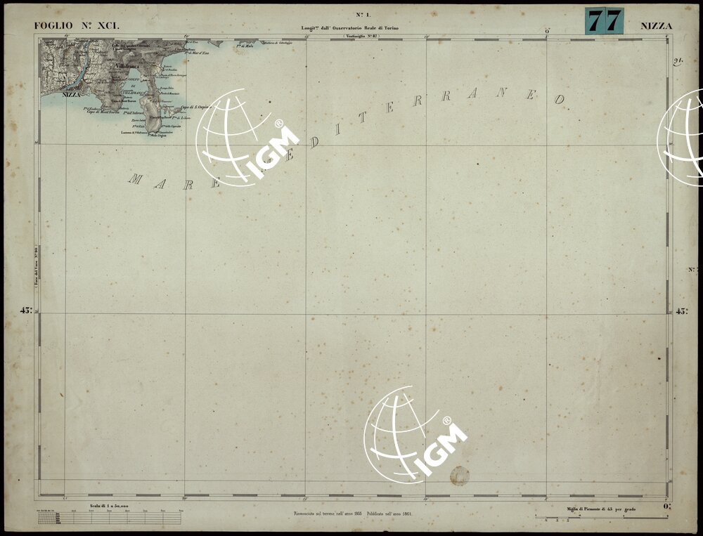 CARTA TOPOGRAFICA DEGLI STATI IN TERRAFERMA DI S.M. IL RE DI SARDEGNA ALLA SCALA DI 1A 50.000. OPERA DEL CORPO REALE DELLO STATO MAGGIORE - FOGLIO N.°XCI NIZZA