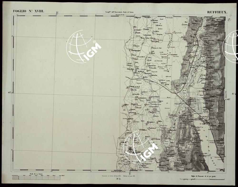 CARTA TOPOGRAFICA DEGLI STATI IN TERRAFERMA DI S.M. IL RE DI SARDEGNA ALLA SCALA DI 1A 50.000 OPERA DEL CORPO REALE DELLO STATO MAGGIORE RIVEDUTI E CORRETTI - FOGLIO N.° XVIII RUFFIEUX