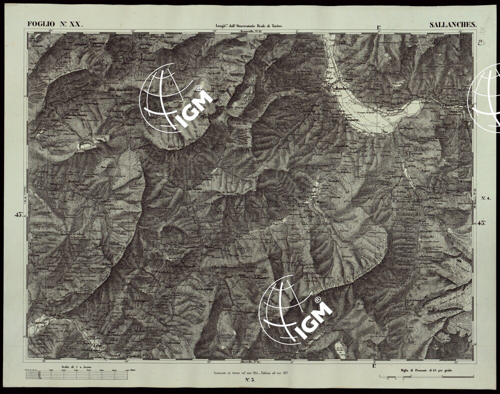 CARTA TOPOGRAFICA DEGLI STATI IN TERRAFERMA DI S.M. IL RE DI SARDEGNA ALLA SCALA DI 1A 50.000 OPERA DEL CORPO REALE DELLO STATO MAGGIORE RIVEDITI E CORRETTI - FOGLIO N.° XX SALLANCHES
