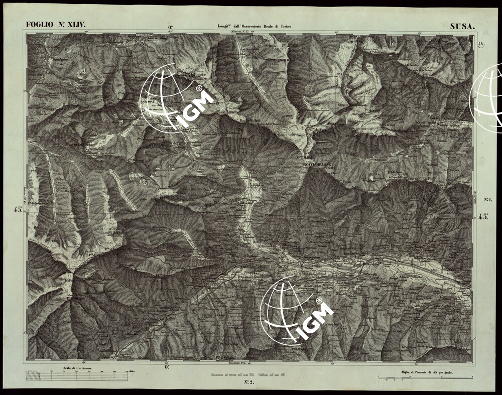 CARTA TOPOGRAFICA DEGLI STATI IN TERRAFERMA DI S.M. IL RE DI SARDEGNA ALLA SCALA DI 1A 50.000 OPERA DEL CORPO REALE DELLO STATO MAGGIORE - riveduti e corretti - FOGLIO N.° XLIV - SUSA