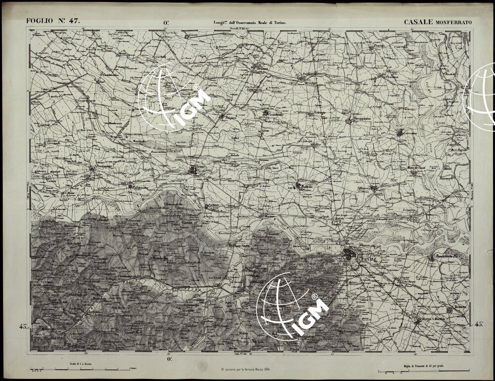 CARTA TOPOGRAFICA DEGLI STATI IN TERRAFERMA DI S.M. IL RE DI SARDEGNA ALLA SCALA DI 1A 50.000 OPERA DEL CORPO REALE DELLO STATO MAGGIORE RIVEDUTI E CORRETTI - FOGLIO N.° 47 CASALE MONFERRATO