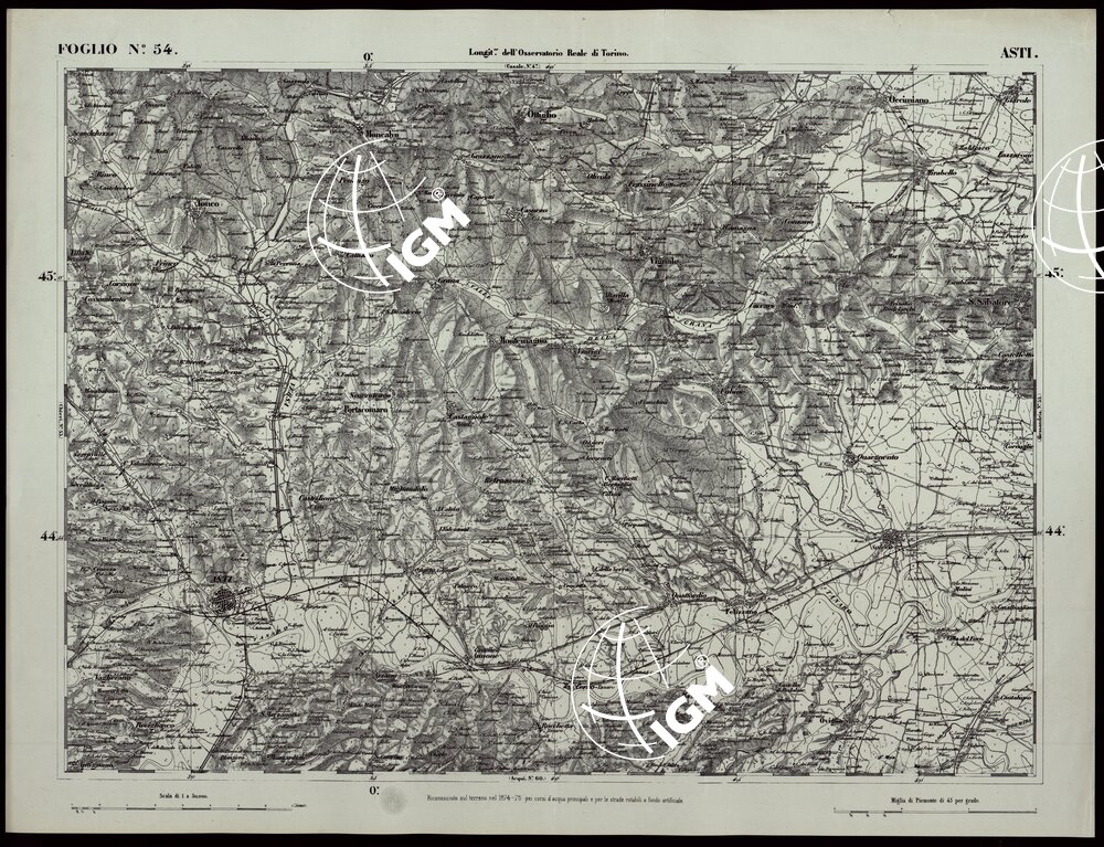 CARTA TOPOGRAFICA DEGLI STATI IN TERRAFERMA DI S.M. IL RE DI SARDEGNA ALLA SCALA DI 1A 50.000 OPERA DEL CORPO REALE DELLO STATO MAGGIORE RIVEDUTI E CORRETTI - FOGLIO N.° 54 ASTI