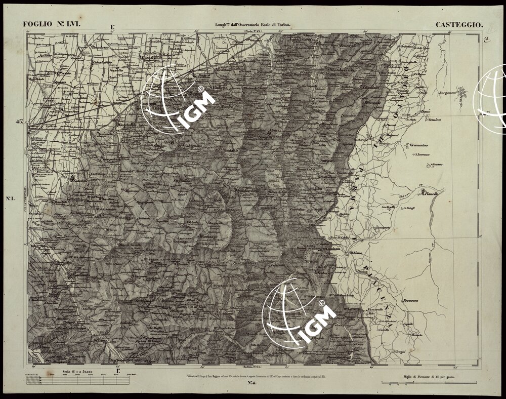 CARTA TOPOGRAFICA DEGLI STATI IN TERRAFERMA DI S.M. IL RE DI SARDEGNA ALLA SCALA DI 1A 50.000 OPERA DEL CORPO REALE DELLO STATO MAGGIORE RIVEDUTI CORRETTI - FOGLIO N.° LVI CASTEGGIO