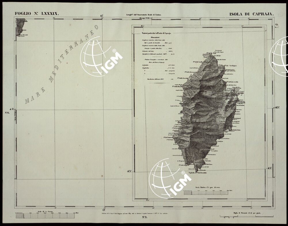 CARTA TOPOGRAFICA DEGLI STATI IN TERRAFERMA DI S.M. IL RE DI SARDEGNA ALLA SCALA DI 1A 50.000 OPERA DEL CORPO REALE DELLO STATO MAGGIORE RIVEDUTI E CORRETTI - FOGLIO N.° LXXXIX ISOLA DI CAPRAJA