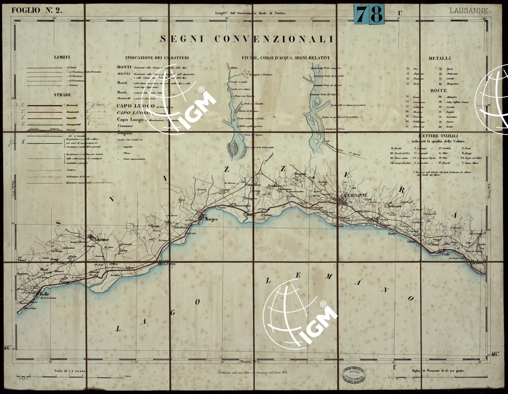 CARTA TOPOGRAFICA DEGLI STATI IN TERRAFERMA DI S.M. IL RE DI SARDEGNA ALLA SCALA DI 1.A 50.000. OPERA DEL CORPO REALE DELLO STATO MAGGIORE FOGLIO N.°2. LAUSANNE (MONTATA SU TELA A STACCHI)