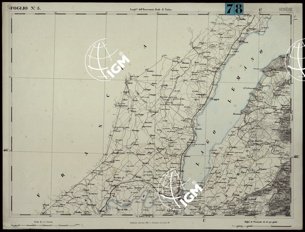 CARTA TOPOGRAFICA DEGLI STATI IN TERRAFERMA DI S.M. IL RE DI SARDEGNA ALLA SCALA DI 1.A 50.000. OPERA DEL CORPO REALE DELLO STATO MAGGIORE - FOGLIO N.°5. GENEVE