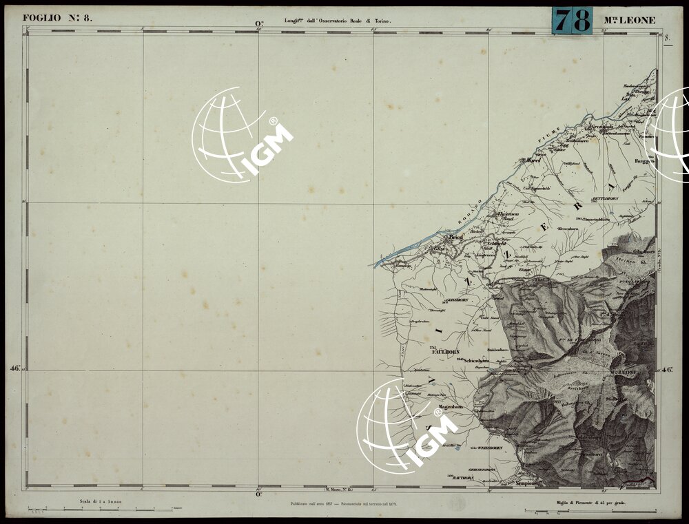 CARTA TOPOGRAFICA DEGLI STATI IN TERRAFERMA DI S.M. IL RE DI SARDEGNA ALLA SCALA DI 1.A 50.000. OPERA DEL CORPO REALE DELLO STATO MAGGIORE - FOGLIO N.°8. MONTE LEONE + DOCUMENTAZIONE DI AGGIORNAMENTO