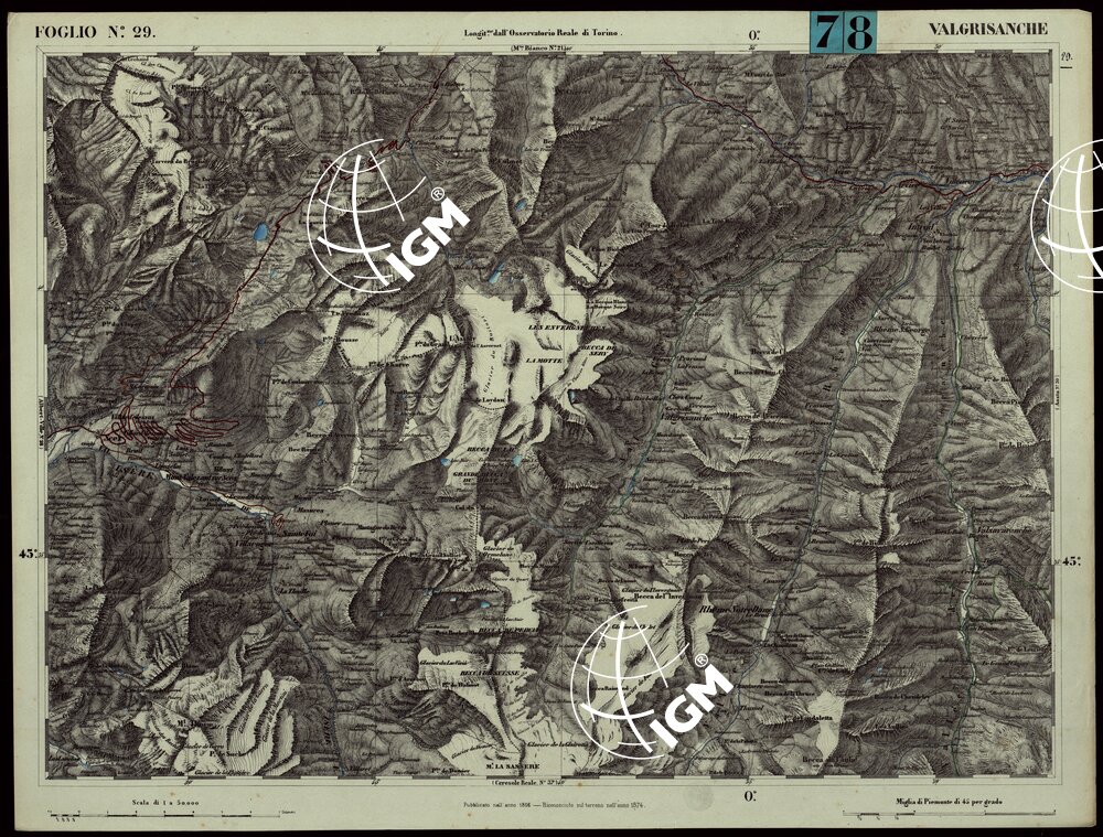CARTA TOPOGRAFICA DEGLI STATI IN TERRAFERMA DI S.M. IL RE DI SARDEGNA ALLA SCALA DI 1.A 50.000. OPERA DEL CORPO REALE DELLO STATO MAGGIORE - FOGLIO N.°29. VALGRISANCHE