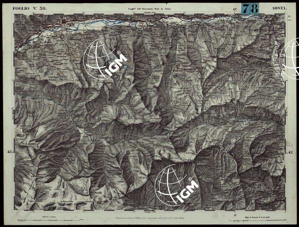 CARTA TOPOGRAFICA DEGLI STATI IN TERRAFERMA DI S.M. IL RE DI SARDEGNA ALLA SCALA DI 1.A 50.000. OPERA DEL CORPO REALE DELLO STATO MAGGIORE - FOGLIO N.°30. AOSTA