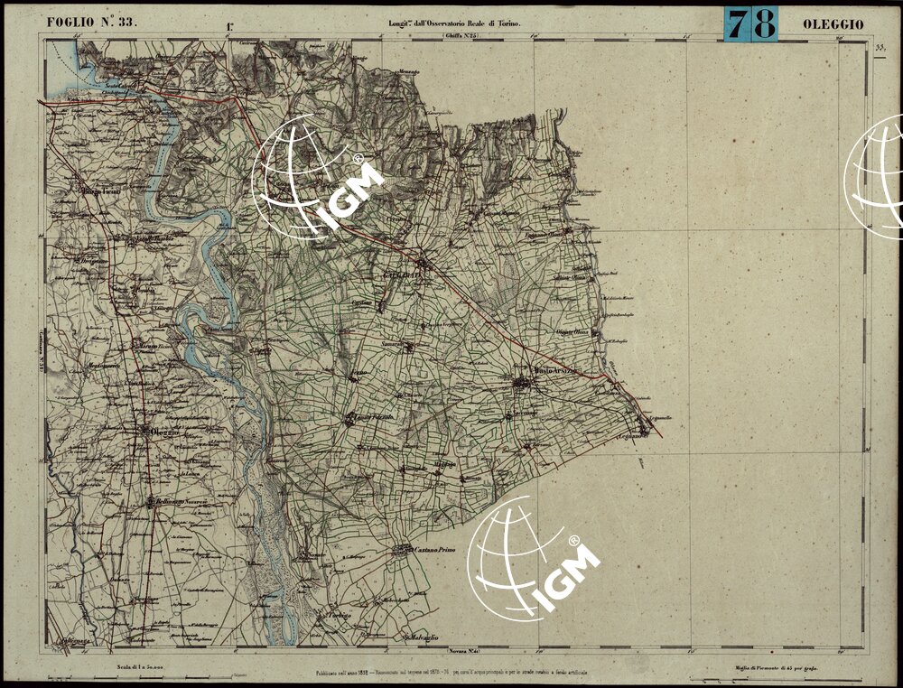 CARTA TOPOGRAFICA DEGLI STATI IN TERRAFERMA DI S.M. IL RE DI SARDEGNA ALLA SCALA DI 1.A 50.000. OPERA DEL CORPO REALE DELLO STATO MAGGIORE - FOGLIO N.°33. OLEGGIO + DOCUMENTO DI AGGIORNAMENTO