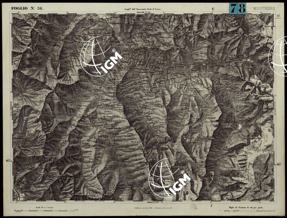 CARTA TOPOGRAFICA DEGLI STATI IN TERRAFERMA DI S.M. IL RE DI SARDEGNA ALLA SCALA DI 1.A 50.000. OPERA DEL CORPO REALE DELLO STATO MAGGIORE - FOGLIO N.°36. MOUTHIERS