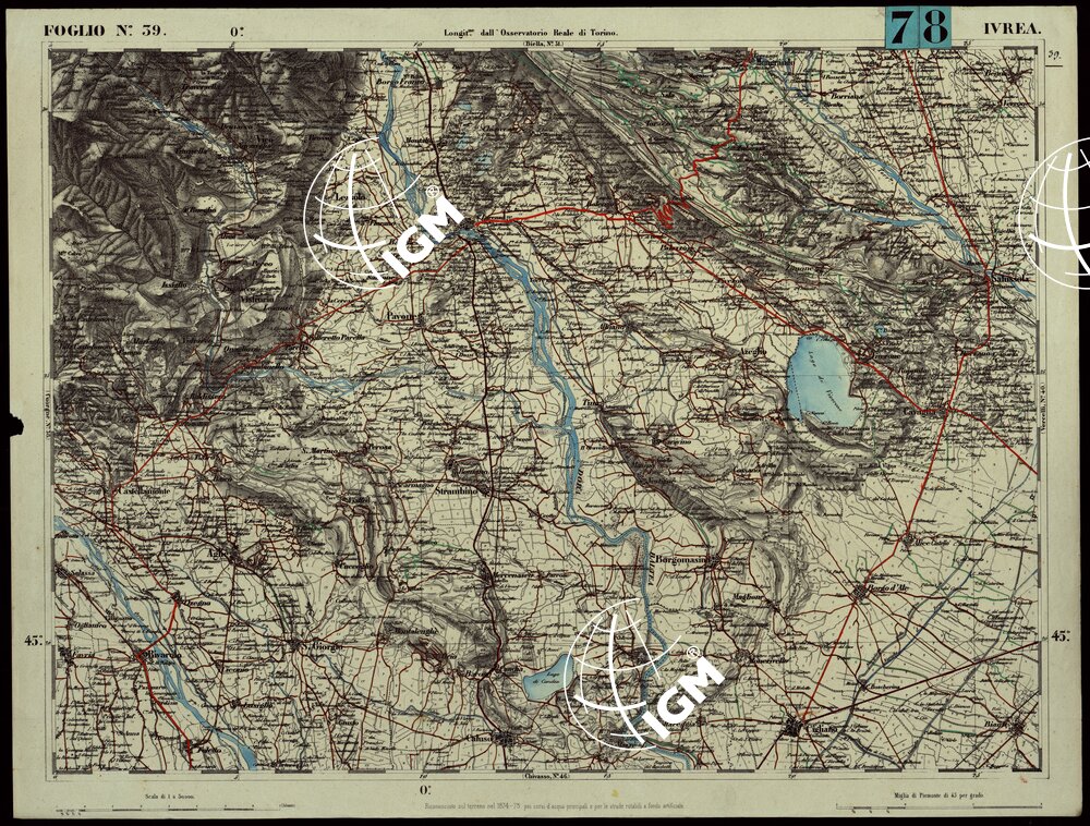 CARTA TOPOGRAFICA DEGLI STATI IN TERRAFERMA DI S.M. IL RE DI SARDEGNA ALLA SCALA DI 1.A 50.000. OPERA DEL CORPO REALE DELLO STATO MAGGIORE - FOGLIO N.°39. IVREA + DOCUMENTO DI AGGIORNAMENTO PARTE ORIENTALE