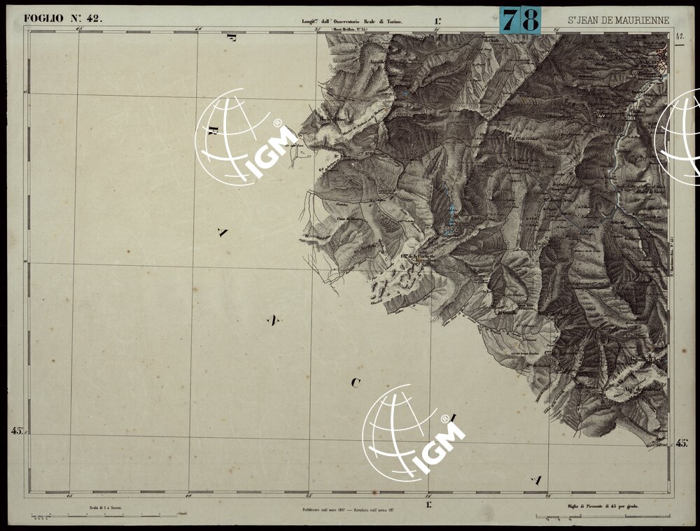 CARTA TOPOGRAFICA DEGLI STATI IN TERRAFERMA DI S.M. IL RE DI SARDEGNA ALLA SCALA DI 1.A 50.000. OPERA DEL CORPO REALE DELLO STATO MAGGIORE - FOGLIO N.°42. SANT JEAN DE MAURIENNE