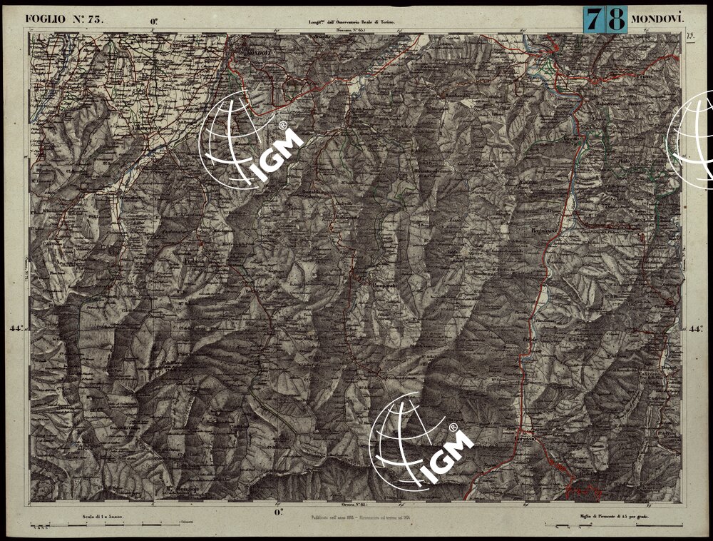 CARTA TOPOGRAFICA DEGLI STATI IN TERRAFERMA DI S.M. IL RE DI SARDEGNA ALLA SCALA DI 1.A 50.000. OPERA DEL CORPO REALE DELLO STATO MAGGIORE - FOGLIO N.°73. MONDOVI'